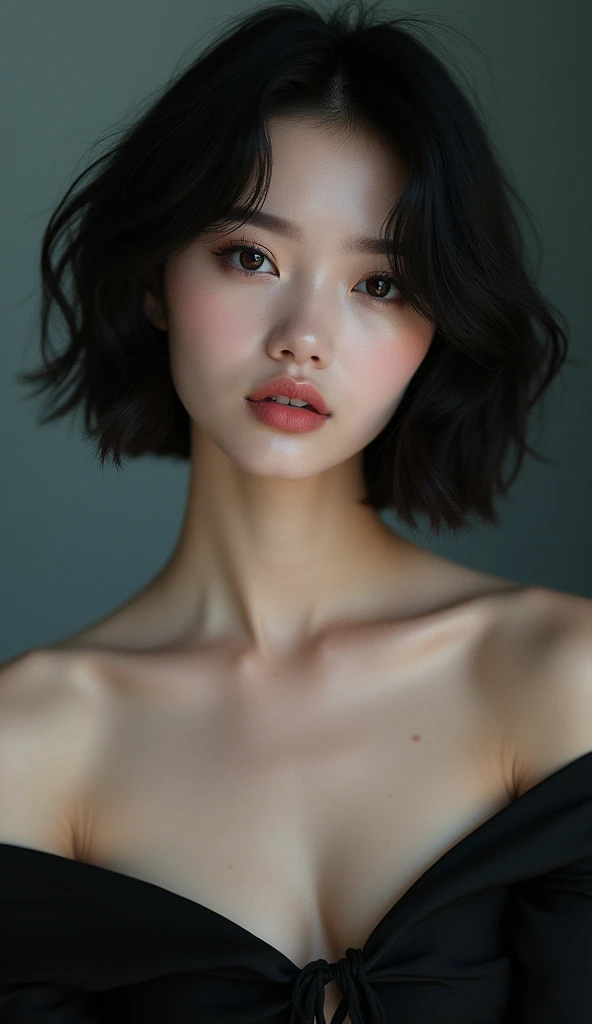 30, female, hyperreal　
Hairstyle Short black hair　
Mysterious atmosphere　
Charming smile Lipstick pink Eyelash emphasis
Natural Makeup　
Off-the-shoulder top Solid color Blurred background