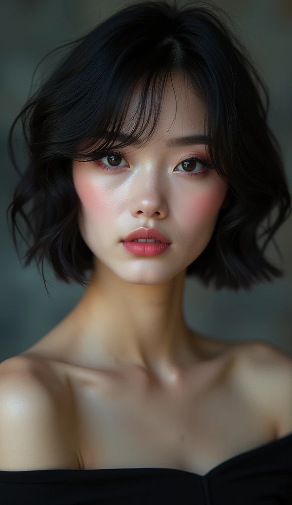 30, female, hyperreal　
Hairstyle Short black hair　
Mysterious atmosphere　
Charming smile Lipstick pink Eyelash emphasis
Natural Makeup　
Off-the-shoulder top Solid color Blurred background