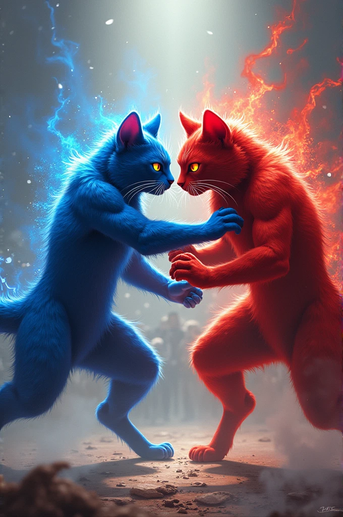 Blue Cat, sleek and agile, had an elegant fighting style that dazzled spectators. Red Cat, on the other hand, was known for his powerful, no-nonsense approach, relying on brute strength and determination. The rivalry between them was legendary, and each match between them was a spectacle.