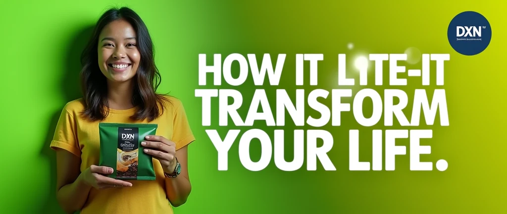 Imagine a thumbnail where the left side has a bright green gradient background with a smiling photo of me holding a DXN coffee product. On the right side, there's bold white text that reads “Transform Your Life with DXN!” with a small DXN logo in the top right corner.You can create this using the steps