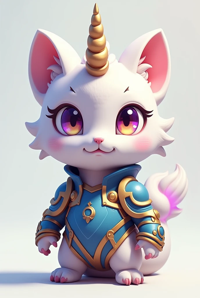 A Chibi baby humaniod creature.
Appearance:
Body: Small, humanoid form with feline characteristics.
Head: Large, round, and cat-like with a prominent unicorn horn.
Horn: Spiral-shaped.
Skin/Fur: Predominantly white body.
Attire: Wearing ornate blue and gold armor.
features:• Unique blend of feline, unicorn, and humanoid traits.
Striking purple and yellow heterochromatic eyes.
magical or high-tech armor.
Style : cel shaded , 3d , anime, Full-body, t pose.
This is a digimon