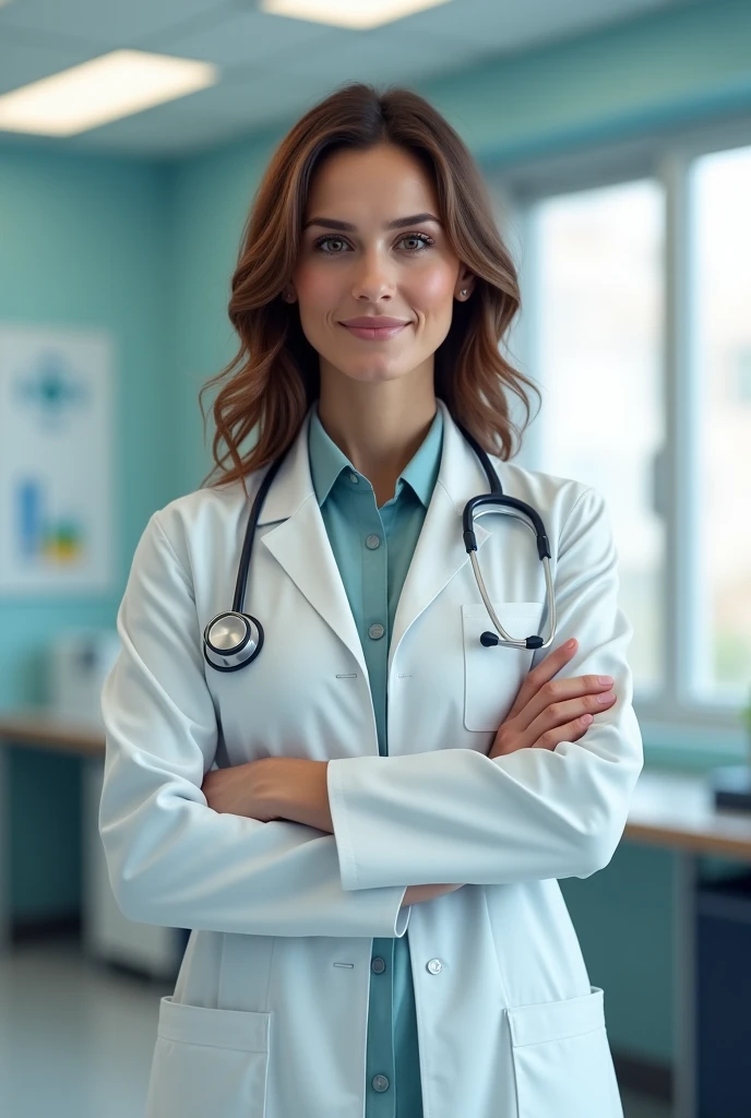 Create for me a person gender woman, age 38, doctor, white, brownhair, white labcoat , With arms crossed posing, in the background a medical health clinic