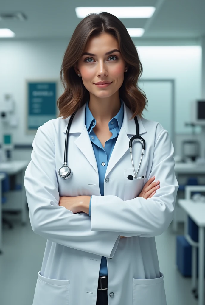 Create for me a person gender woman, age 38, doctor, white, brownhair, white labcoat , With arms crossed posing, in the background a medical health clinic