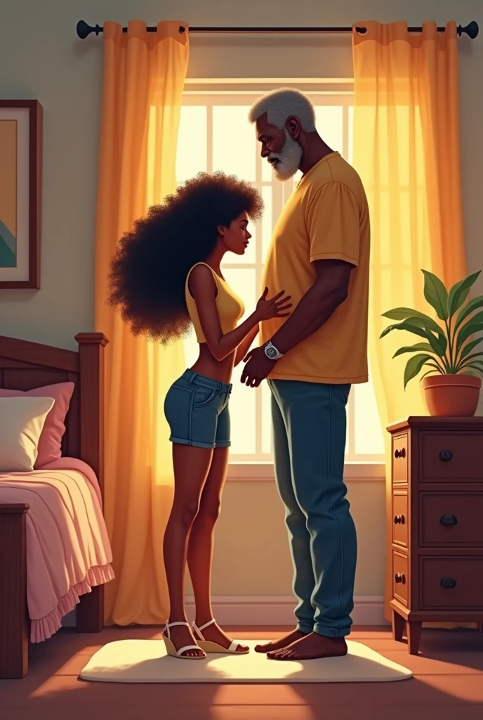 A tiny African American woman with a crop top, long curly hair, and open toe wedges is getting ready in her room. She stands next the her dad. She is shorter than her dad.