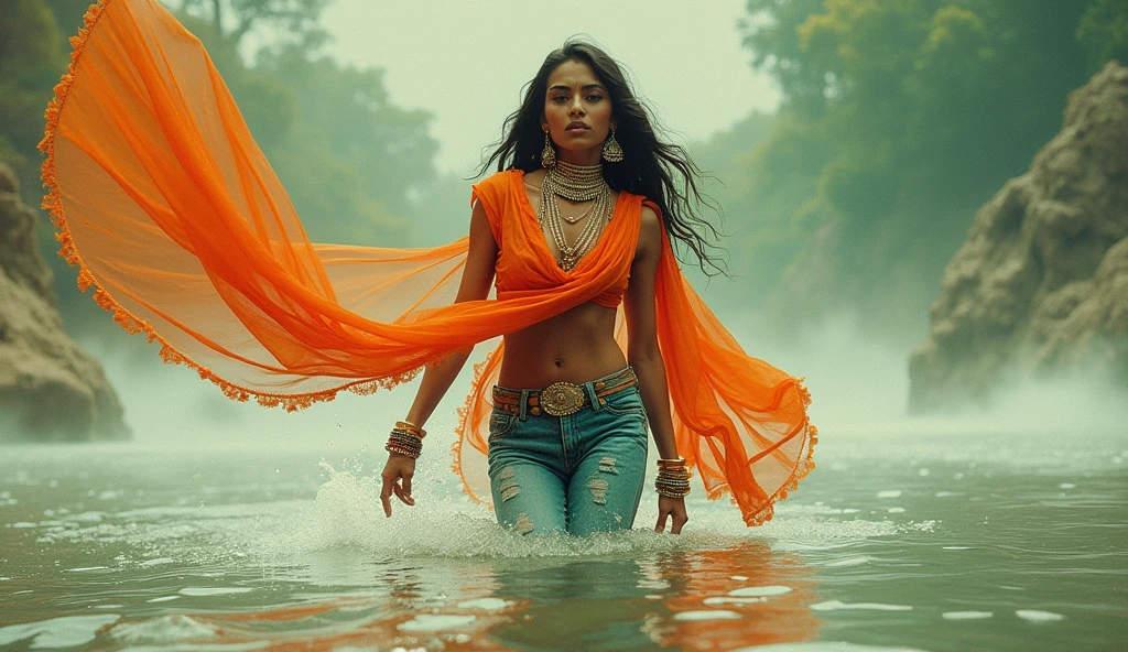 70s setting, grainy analog film, ultra-detailed, abstract art, glamour artwork, conceptual art, beautiful provocative style indian woman in jeans, playing in wide river with ecstasy, traditional accessories, abstract, orange white green, void, vivid, detailed sari