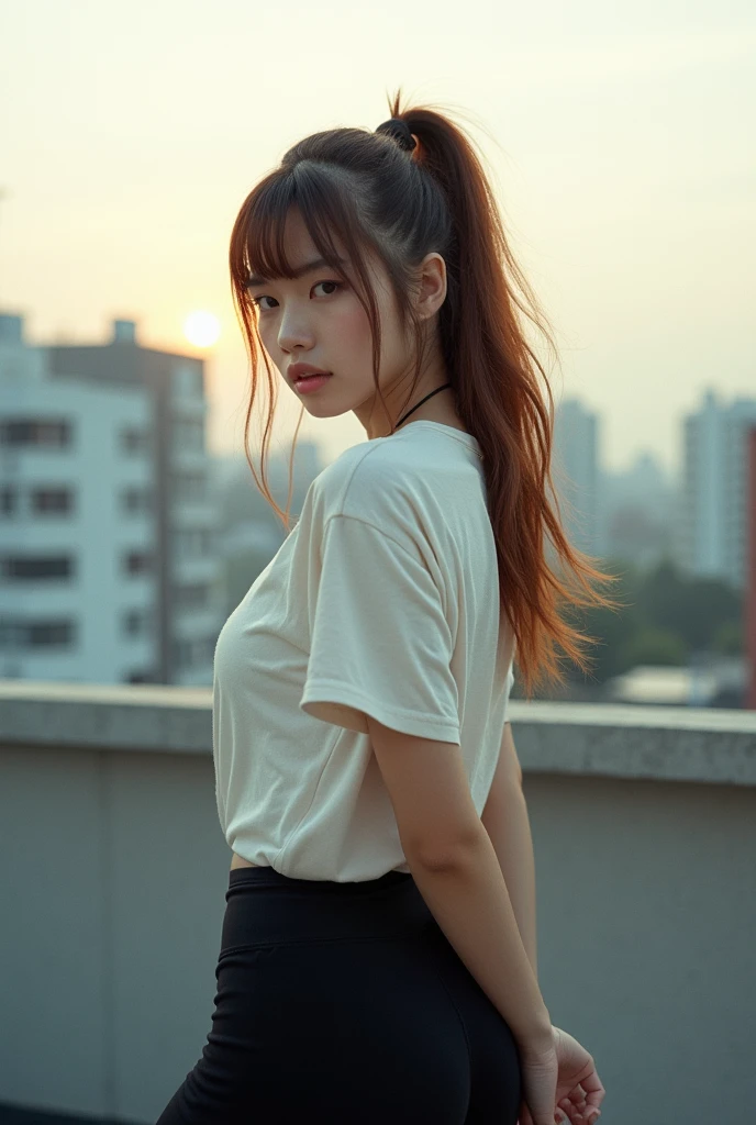 analog film photo, photo of a teenage punk, female, amber eyes, layered emo ponytail, tan complexion, Japanese ethnicity, tall stature, curvy, voluptuous hourglass figure, busty bosom, full wide hips, plump round buttocks, wearing a loose t-shirt and black spandex leggings, posing on a Tokyo rooftop, RAW Photograph, dslr, soft lighting, high quality, film grain, Fujifilm XT3, detailed skin with visible pores, insane details, masterpiece, 8k, 35mm photograph, dslr, kodachrome, faded film, desaturated, grainy, vintage, Lomography, stained, highly detailed, found footage, close-up shot