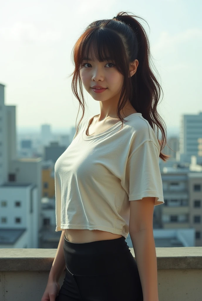 analog film photo, photo of a teenage punk, female, amber eyes, layered emo ponytail, tan complexion, Japanese ethnicity, tall stature, curvy, voluptuous hourglass figure, busty bosom, full wide hips, plump round buttocks, wearing a loose t-shirt and black spandex leggings, posing on a Tokyo rooftop, RAW Photograph, dslr, soft lighting, high quality, film grain, Fujifilm XT3, detailed skin with visible pores, insane details, masterpiece, 8k, 35mm photograph, dslr, kodachrome, faded film, desaturated, grainy, vintage, Lomography, stained, highly detailed, found footage, close-up shot