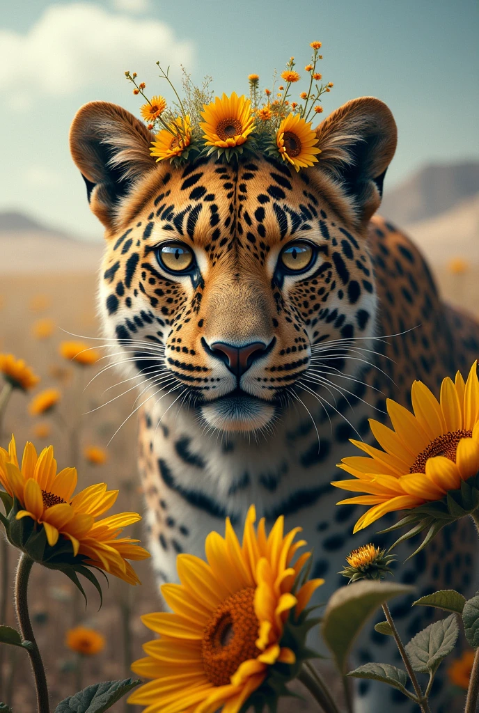 Leopard head,sun flowers,flowers crown little cold Touch Desert mystic feeling