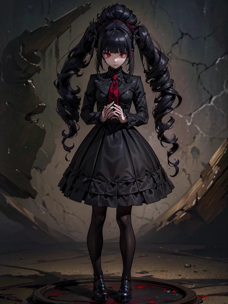 Black maid outfit, whole body, Long black hair,Red eyes,In the spotlight,The background is a dark city street.、(It generates high-quality female works with a dark and insane horror movie-like world view centered on black. She has a creepy and attractive physique、whole body黒のファッションスタイルを着ています. The background is a dark and desolate landscape, An atmosphere like a horror movie setting. Her figure is terrifyingly beautiful, Emphasizing dark and insane elements. Light and shadow effects are skillfully expressed, detailed, The face and expression in the black attire are meticulously drawn, Artistic elements add depth to the work. The overall atmosphere exudes an eerie and nightmarish worldview, With a unique artistic touch. This movie is、It depicts the dark and insane world of a horror movie in high quality, Evoke visual stimuli and aesthetic sense, It will give viewers fear and excitement. It produces a work that blends the dark and insane worldview of a horror movie with artistic elements.