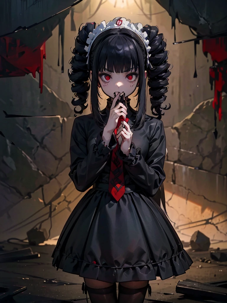 Black maid outfit, whole body, Long black hair,Red eyes,In the spotlight,The background is a dark city street.、(It generates high-quality female works with a dark and insane horror movie-like world view centered on black. She has a creepy and attractive physique、whole body黒のファッションスタイルを着ています. The background is a dark and desolate landscape, An atmosphere like a horror movie setting. Her figure is terrifyingly beautiful, Emphasizing dark and insane elements. Light and shadow effects are skillfully expressed, detailed, The face and expression in the black attire are meticulously drawn, Artistic elements add depth to the work. The overall atmosphere exudes an eerie and nightmarish worldview, With a unique artistic touch. This movie is、It depicts the dark and insane world of a horror movie in high quality, Evoke visual stimuli and aesthetic sense, It will give viewers fear and excitement. It produces a work that blends the dark and insane worldview of a horror movie with artistic elements.