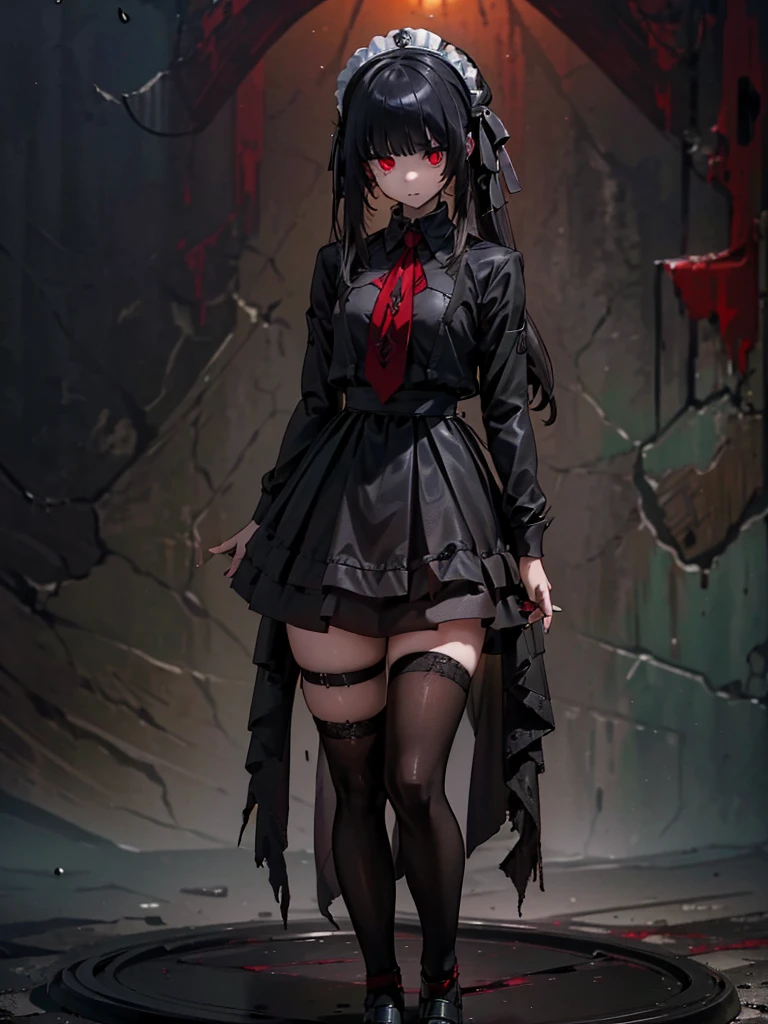 Black maid outfit, whole body, Long black hair,Red eyes,In the spotlight,The background is a dark city street.、(It generates high-quality female works with a dark and insane horror movie-like world view centered on black. She has a creepy and attractive physique、whole body黒のファッションスタイルを着ています. The background is a dark and desolate landscape, An atmosphere like a horror movie setting. Her figure is terrifyingly beautiful, Emphasizing dark and insane elements. Light and shadow effects are skillfully expressed, detailed, The face and expression in the black attire are meticulously drawn, Artistic elements add depth to the work. The overall atmosphere exudes an eerie and nightmarish worldview, With a unique artistic touch. This movie is、It depicts the dark and insane world of a horror movie in high quality, Evoke visual stimuli and aesthetic sense, It will give viewers fear and excitement. It produces a work that blends the dark and insane worldview of a horror movie with artistic elements.