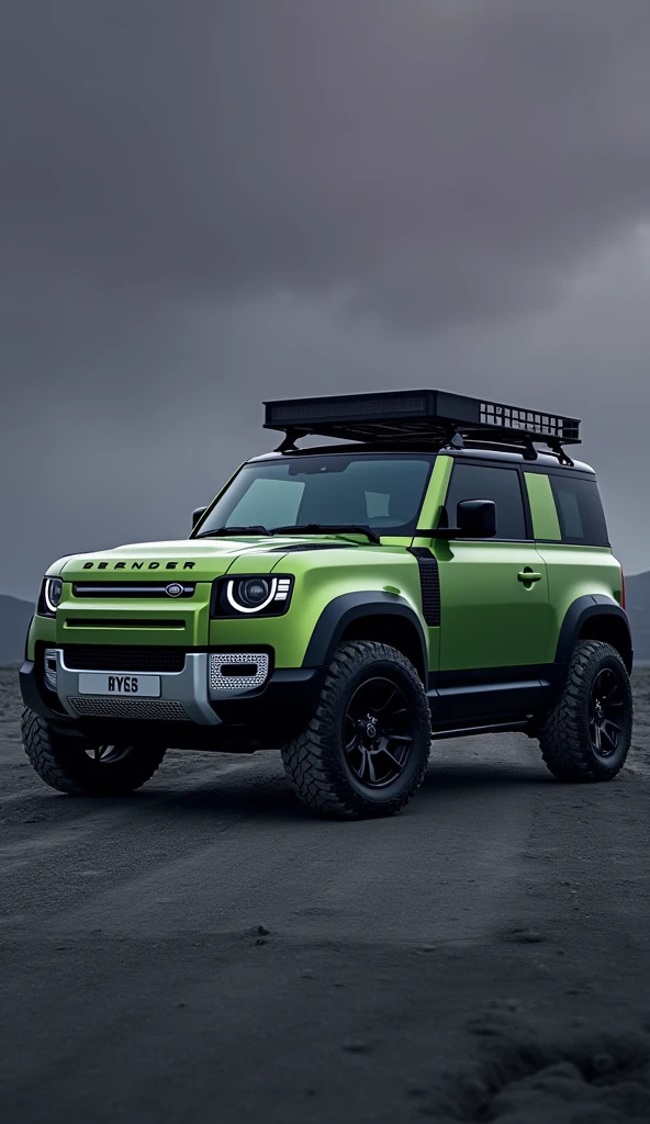 Brand new land rover full option defender 110 in greenish with ceramic coating with one layer roof grill with right side ladder and left side mounted gear carrier, stock tyre with minimum ground clearance, dark violet sky. Gray soil