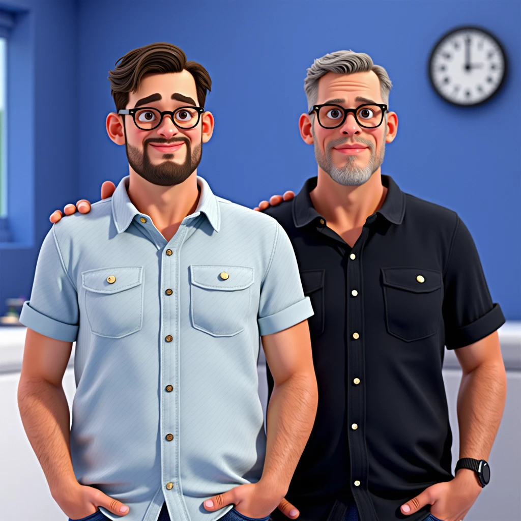 Cartoon character of a man wearing black glasses and a blue shirt, um personagem animado, Caractere estilizado, animation style rendering, 3D estilizado, Arnold Maya render, 3 d render stylized, toon render keyshot, Personagem 3D, Personagem 3D, 3d rendering stylized, 3 d character render, personagem de desenho animado, Personagem de close up, Pose de personagem, (Estilo Pixar) (master part:1.2) (Bokeh) (best quality) (pele detalhada) (textura detalhada) (8k) (argila) (Cinematic lighting) (foco nítido,Senta e vaza a parte superior do corpo two middle-aged small town