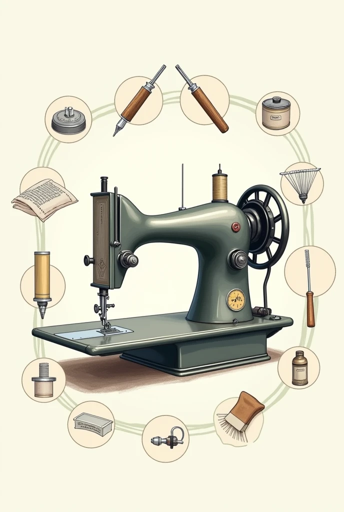 exemplo de imagem: An image of a home sewing machine with tool icons around it.
Objects: Tool icons (screwdriver, oil, cleaning cloth), sewing machine highlighted.