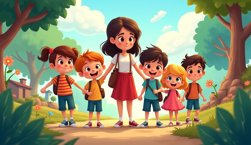 The cartoon kids group and teacher The group continues their adventure:
