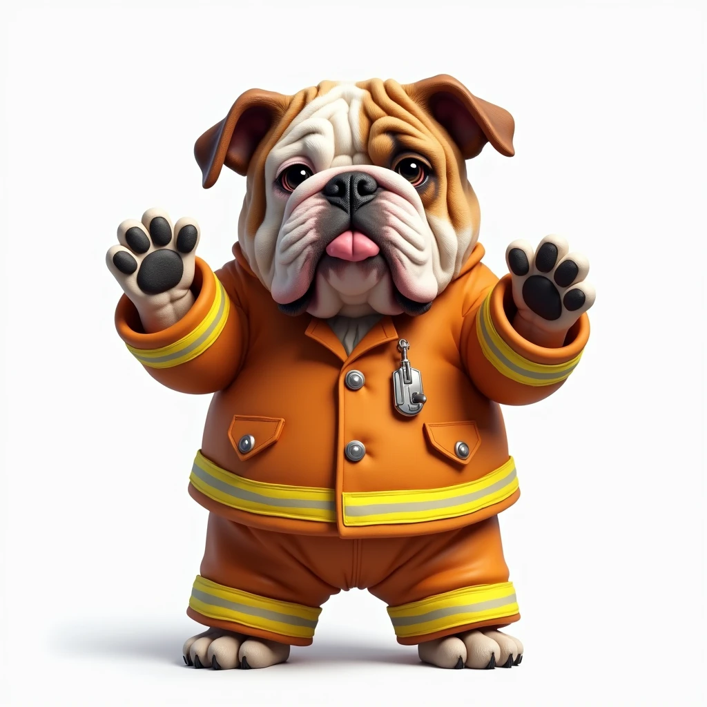 A bulldog with a big head is standing on its legs with its paws raised up, like a human wearing a fireman's outfit.