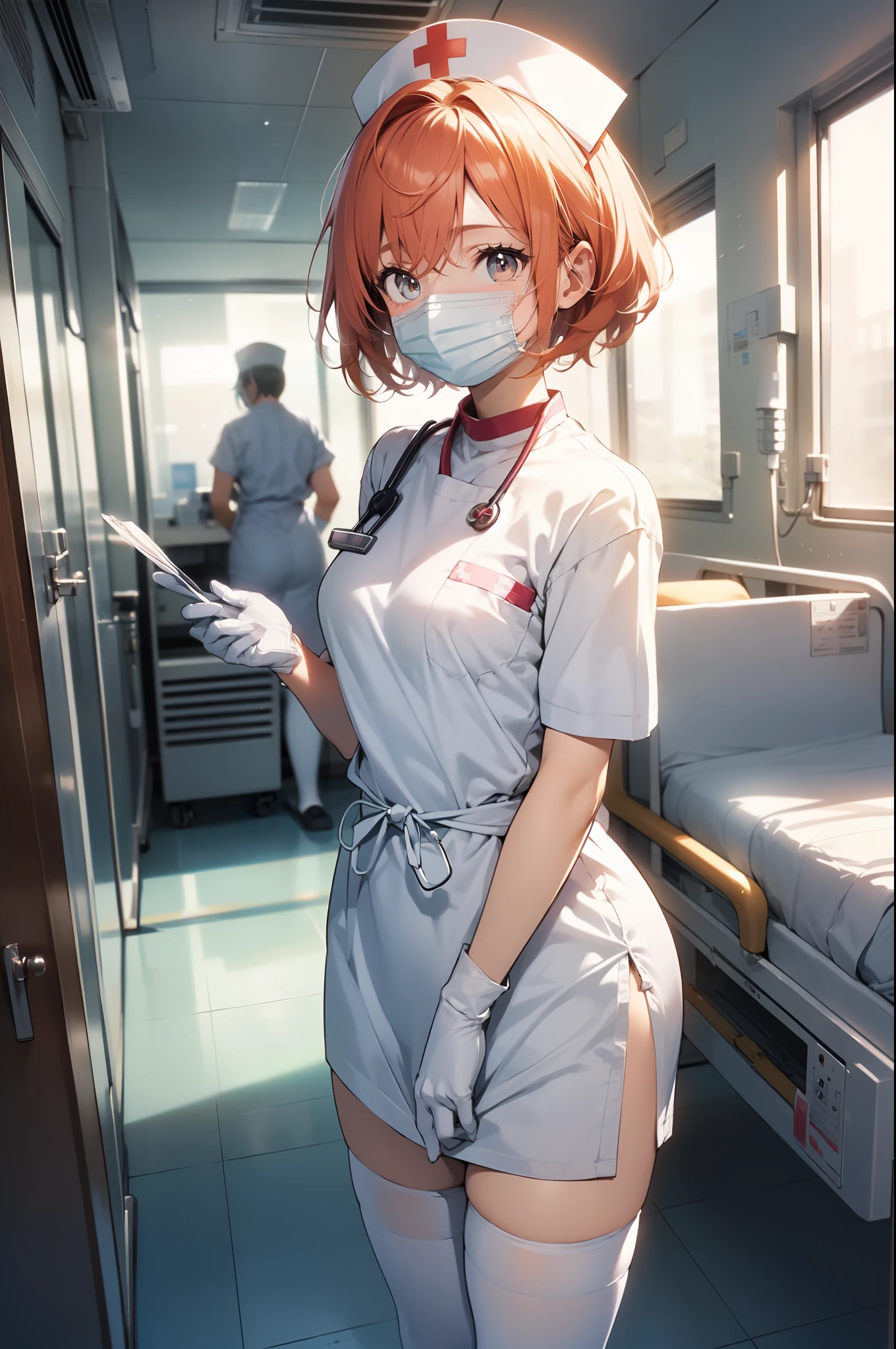 1girl, solo, nurse, nurse cap, white nurse uniform, ((white legwear, zettai ryouiki)), white gloves, very short hair, orange hair, ((white surgical mask, covered nose)), standing, ((hospital room)), sharp outline, short sleeves, tomboy, boyish, best quality, masterpiece