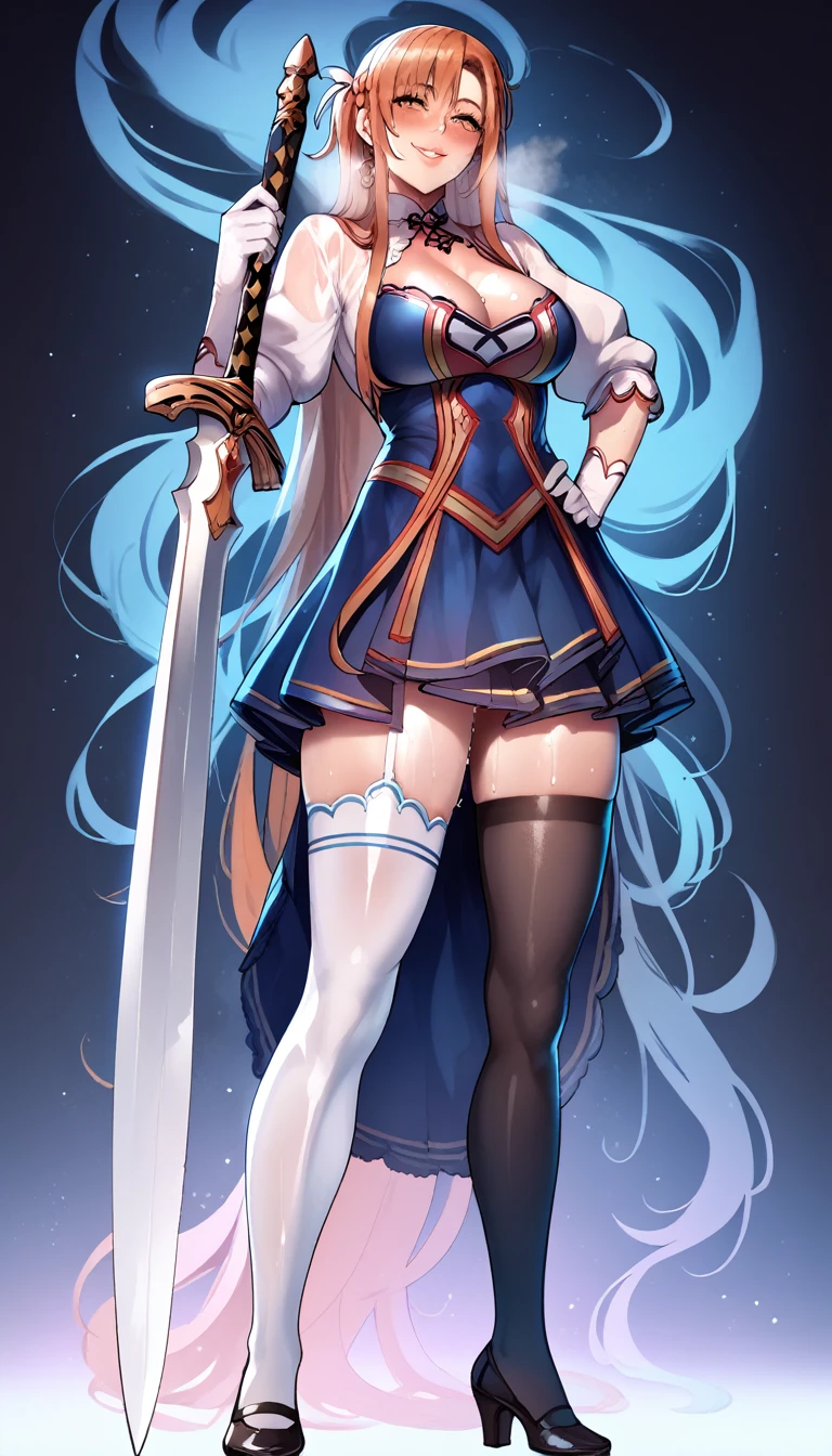 score_9, score_8_up, score_7_up, score_6_up, uncensored, Yuuki Asuna, absurdly long hair, orange eyes, orange hair, very long hair, horny face, blush face, lips, naughty face, shiny skin, sweating, wet, wet hair, steaming body, saliva, heavy breathing, large breasts, detailed body, detailed eyes, 1girl, weapon, sword, thighhighs, solo, full_body, standing, dress, holding_weapon, gloves, holding, short_dress, looking_at_viewer, earrings, cleavage, white_legwear,