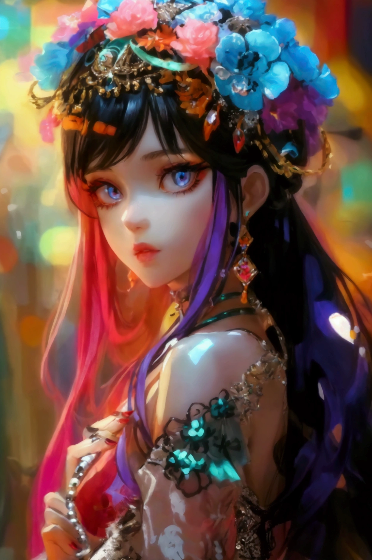 Long, thick hair that she often styles into fashionable hairstyles. Her eyes are large and expressive, with bright makeup. She keeps up with fashion trends and prefers stylish yet comfortable clothing. Her nails are often painted with bright nail polish, and she wears several delicate pieces of jewelry around her neck.