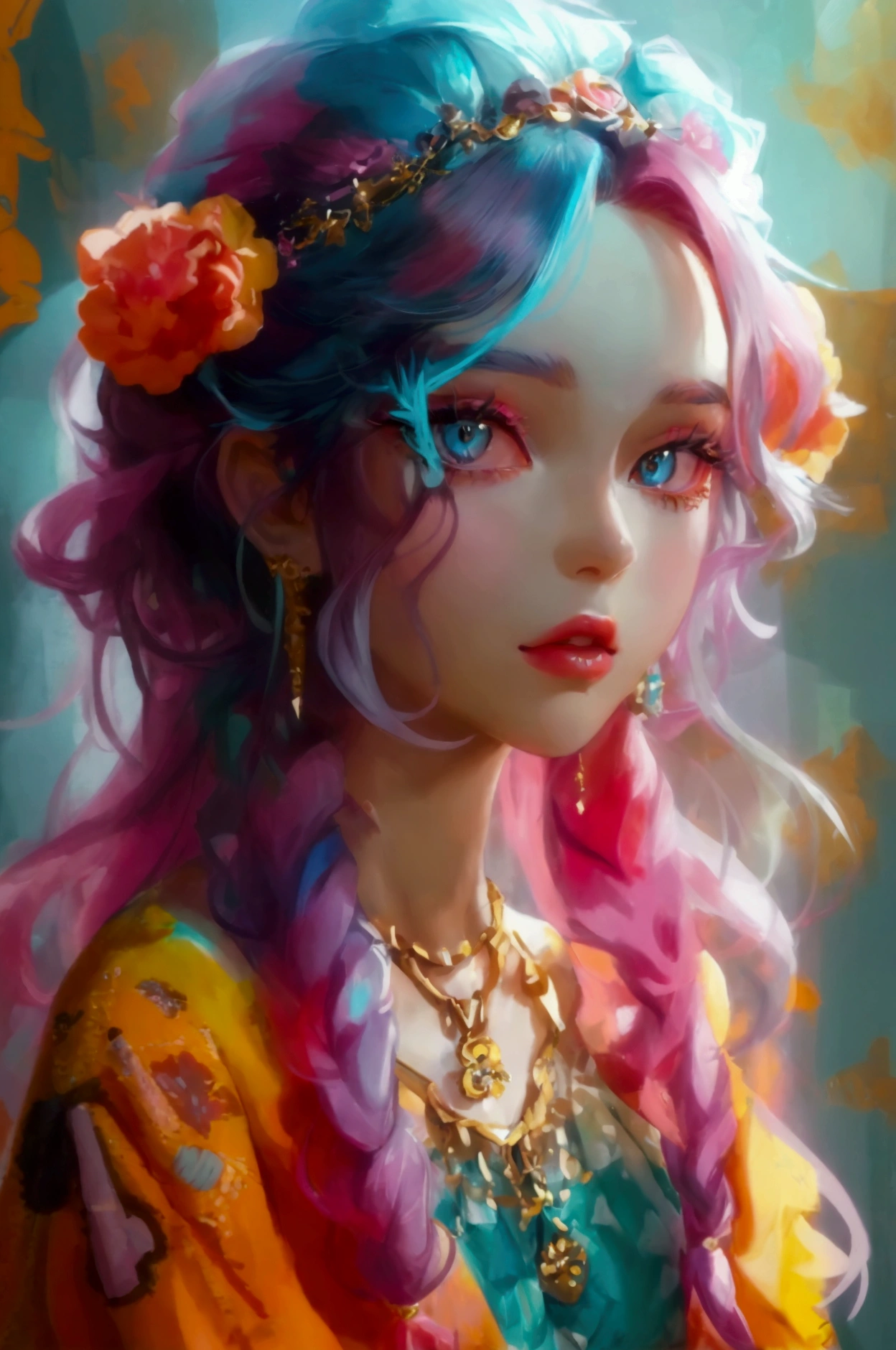 Long, thick hair that she often styles into fashionable hairstyles. Her eyes are large and expressive, with bright makeup. She keeps up with fashion trends and prefers stylish yet comfortable clothing. Her nails are often painted with bright nail polish, and she wears several delicate pieces of jewelry around her neck.