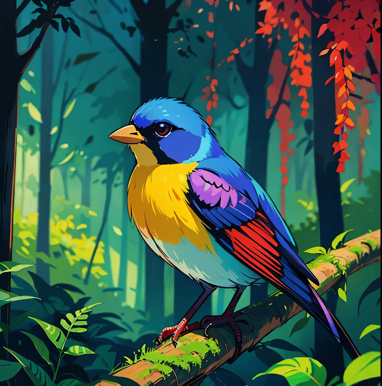 colorful songbird, forest backdrop