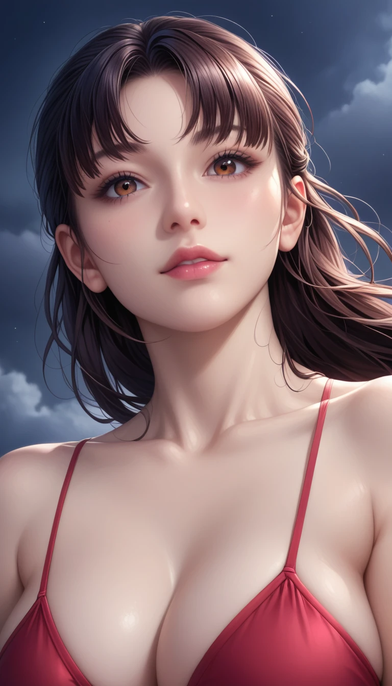 score_9, score_8_superior, score_7_superior, High-resolution CG illustration,A masterpiece in 32K resolution,Highest quality,it is really amazing,Very detailed,Ultra-high resolution,Ultra-realistic,Realistic,Increased depth of field,Cinematic lighting,
Sexy mature Japan woman,
Straight long hair with black hair,Ultra-detailed and beautiful face,Calm and gentle look,Beautiful brown eyes,Translucent white skin,Realistic skin texture,Great proportions,
Elegant red swimsuit,
Simple design,Chic color scheme based on red,Detailed fabric texture,
(Dark overcast sky on a dull night:1.1),(Dark clouds filling the sky:1.1),Thundercloud,Coastline at night,Stormy seas,delay々A desolate sandy beach that continues,
Cinematic,Low - Angle,
