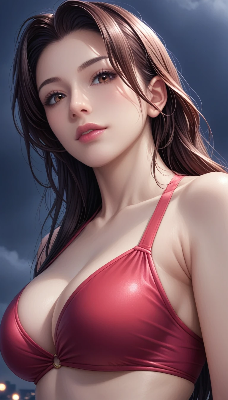 score_9, score_8_superior, score_7_superior, High-resolution CG illustration,A masterpiece in 32K resolution,Highest quality,it is really amazing,Very detailed,Ultra-high resolution,Ultra-realistic,Realistic,Increased depth of field,Cinematic lighting,
Sexy mature Japan woman,
Straight long hair with black hair,Ultra-detailed and beautiful face,Calm and gentle look,Beautiful brown eyes,Translucent white skin,Realistic skin texture,Great proportions,
Elegant red swimsuit,
Simple design,Chic color scheme based on red,Detailed fabric texture,
(Dark overcast sky on a dull night:1.1),(Dark clouds filling the sky:1.1),Thundercloud,Coastline at night,Stormy seas,delay々A desolate sandy beach that continues,
Cinematic,Low - Angle,