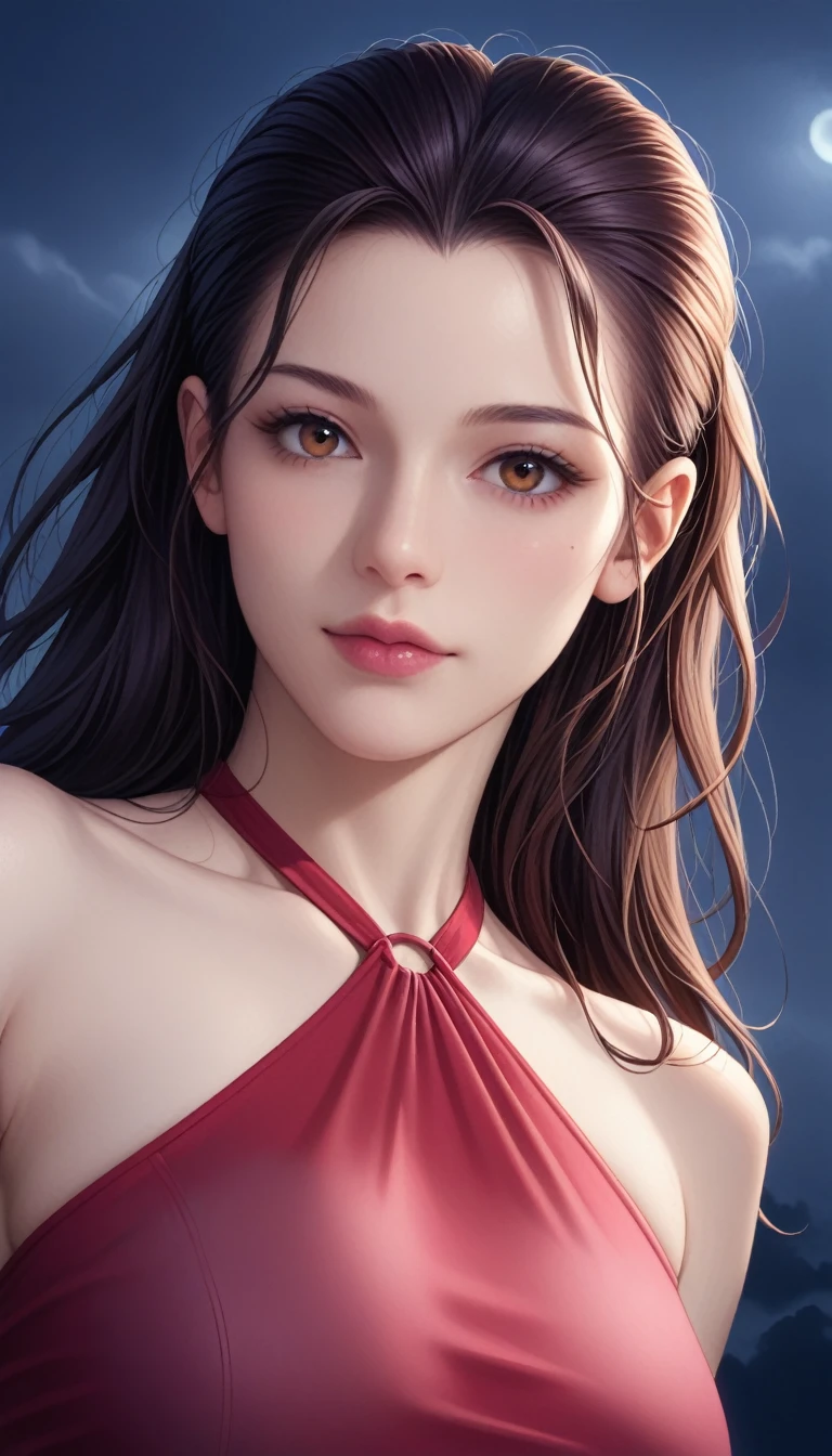 score_9, score_8_superior, score_7_superior, High-resolution CG illustration,A masterpiece in 32K resolution,Highest quality,it is really amazing,Very detailed,Ultra-high resolution,Ultra-realistic,Realistic,Increased depth of field,Cinematic lighting,
Sexy mature Japan woman,
Straight long hair with black hair,Ultra-detailed and beautiful face,Calm and gentle look,Beautiful brown eyes,Translucent white skin,Realistic skin texture,Great proportions,
Elegant red swimsuit,
Simple design,Chic color scheme based on red,Detailed fabric texture,
(Dark overcast sky on a dull night:1.1),(Dark clouds filling the sky:1.1),Thundercloud,Coastline at night,Stormy seas,delay々A desolate sandy beach that continues,
Cinematic,Low - Angle,
