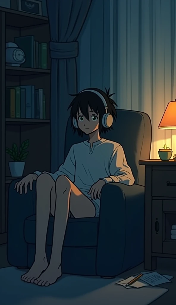 night、Listen to music in a cozy room, Using headphones, Ghibli styleアニメ, Lo-Fi, High resolution, Dark Environment、Ghibli style