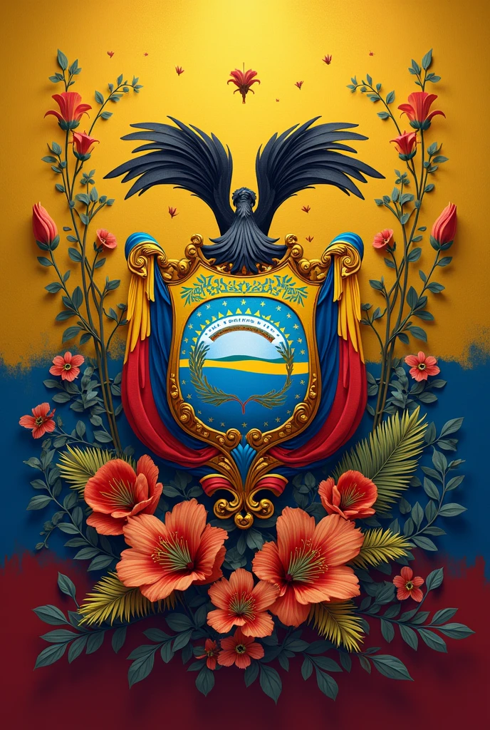 Create a birthday image celebrating an Ecuadorian chancellor. The design should include elements representing Ecuador, such as the national colors, the flag, and official symbols like the coat of arms or national flower. The image should convey a festive birthday theme without depicting any human figures, focusing on the role and importance of the chancellor in a subtle, elegant way