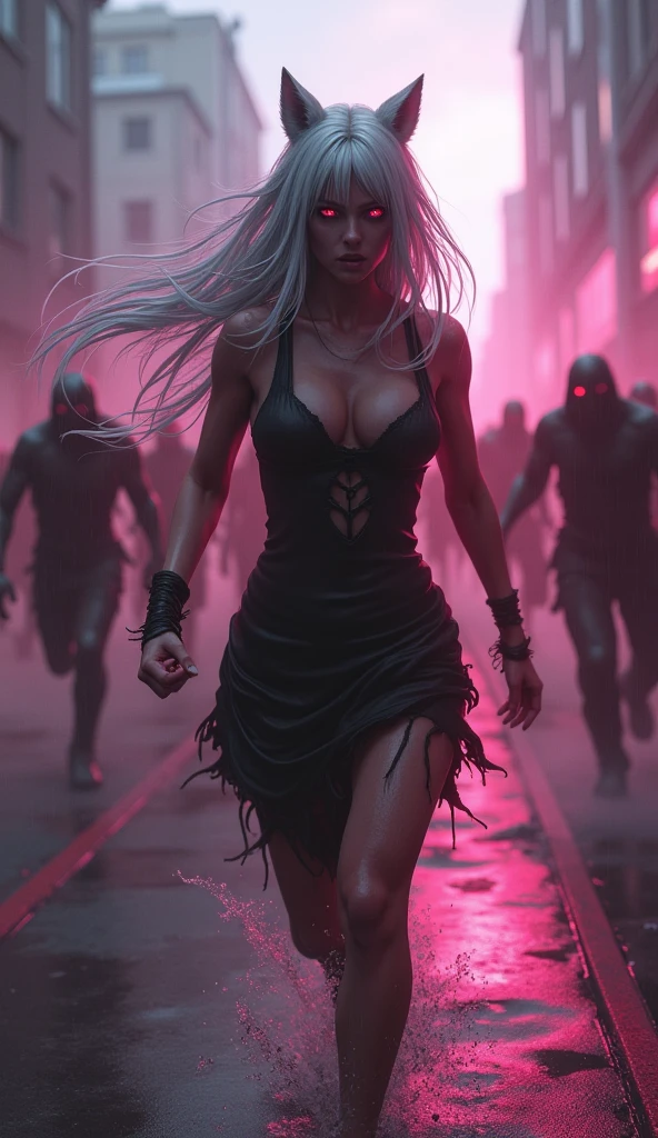 photorealistic,Realistic illustration in Modelshoot style,((masterpiece)),((The best quality)),((Ultra Quality)),((ultra detailed)),((1girl long white hair)),((Only)),((waifu:1.5)),Perfect anatomy,perfect hands,beautiful cuerpo,beautiful_method,ulzzang-6500-v1,e-chica,((Exceptionally Beauty Waifu Princess Tifa Lockhart running terrified in a devastated city being chased by a group of horrible and scary zombies)),(((zombis,A crowd of horrible and terrifying zombies watching and running after her piled up with each other to catch up with her...))),in a cosplay,wet clothes,Woman body set big breasts, ((Beauty Sexy Body, Sexy Hips, Sexy Beauty Legs)), ((Wolf Ears)), ((Sexy School Girl Uniform, Sailor Miniskirt, Sexy Pantyhose, Thigh High Boots)),((Glowing-Pink-Eyes)),long wavy hair, ((white hair)),hair clips,eyeliner,cute makeup,lipstick,Glossy lipstick,with a look of terror, worry and sadness,((eyes detallados perfectos)),rainy with fog outside,evening,pink theme,bioluminiscencia,light particles,((Extremely CG Unity 8K Wallpaper)),((cinematic lighting,Best quality lights)),intricate details,Suave,sharp focus,Extremely beautiful and aesthetic,Octane rendering,Full length portrait,damp skin,((Perfect detailed body)),