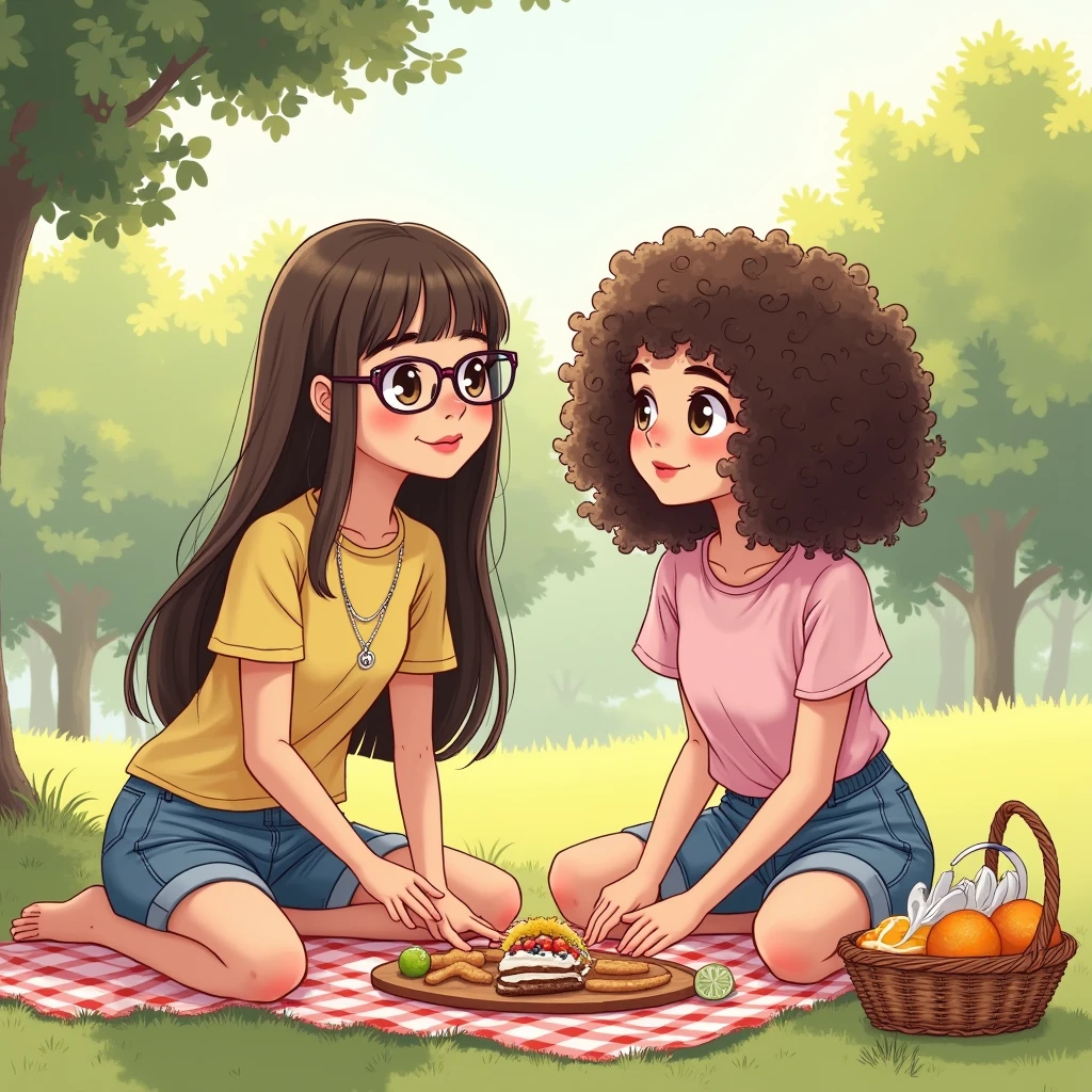 A drawing to paint of two girls, one with straight hair, taller and wearing round glasses, and the other with curly hair, on a picnic. They are girlfriends and are in a park on a beautiful day. The one with straight hair has long hair and the one with curly hair has short hair that reaches her shoulders. They don't have bangs.