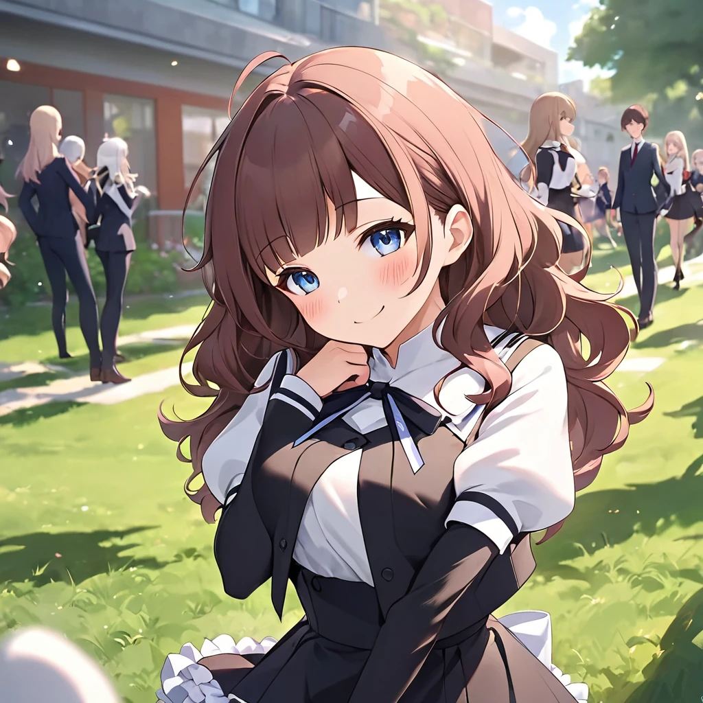 Outdoor, Grass, Day, break KaedeJohanNouvel, Kaede Johan Nouvel, One person, 一人in, brOwn hair, lupong hair, bangs, Wavy Hair, blue eyes, 大きなchest, break yurigaoka girls academy school uniform, White shirt, Cropped jacket, Black jacket, lupong sleeves, Juliet Sleeve, black sleeves, Black Skirt, High Waist Skirt, Frilled Skirt, buttupons, neck ribbupon, black ribbupon, break standing, upper_body, hand_upon_Own_chest, Looking_in_Audience, Tilt your head, break blush, smile, Mouth closed, break (masterpiece:1.2), (美しい細部まinこだわった目:1.2), Perfect lighting, (perfect hand, perfect aninomy)