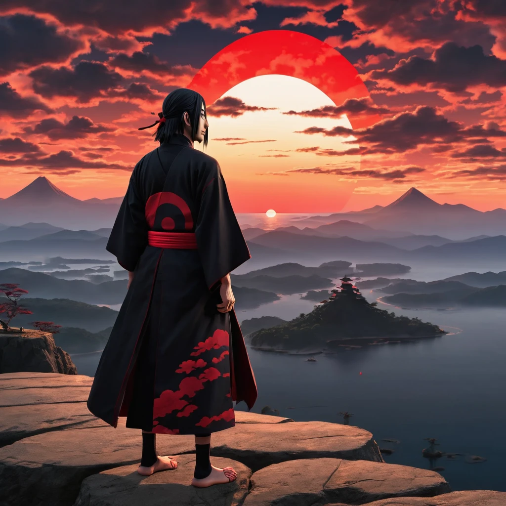 Realistic itachi uchiha, standing on a cliff edge, silhouetted against a sunset wearing his iconic black dress with red cloud patterns called akatsuki clog