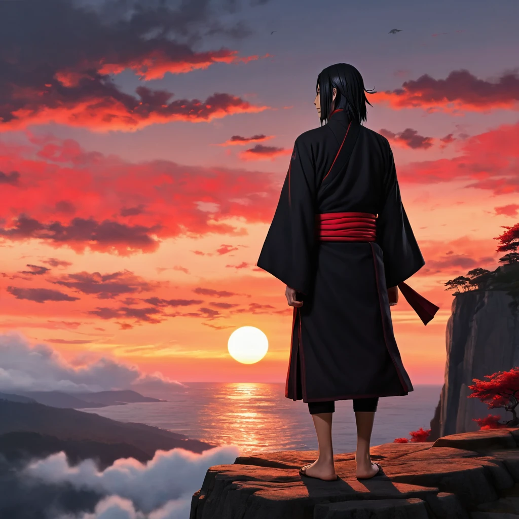 Realistic itachi uchiha, standing on a cliff edge, silhouetted against a sunset wearing his iconic black dress with red cloud patterns called akatsuki clog