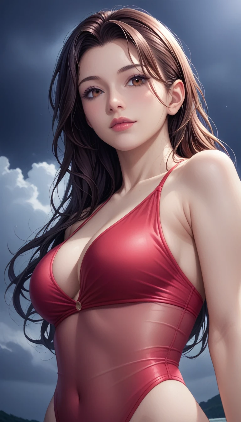 score_9, score_8_superior, score_7_superior, High-resolution CG illustration,A masterpiece in 32K resolution,Highest quality,it is really amazing,Very detailed,Ultra-high resolution,Ultra-realistic,Realistic,Increased depth of field,Cinematic lighting,
Sexy mature Japan woman,
Straight long hair with black hair,Ultra-detailed and beautiful face,Calm and gentle look,Beautiful brown eyes,Translucent white skin,Realistic skin texture,Great proportions,
Elegant red swimsuit,
Simple design,Chic color scheme based on red,Detailed fabric texture,
(Dark overcast sky on a dull night:1.1),(Dark clouds filling the sky:1.1),Thundercloud,Coastline at night,Stormy seas,delay々A desolate sandy beach that continues,
Cinematic,Low - Angle,