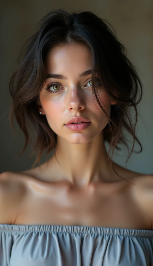 30, Female, Hyper Real European Beauty
Hairstyle Short
Mysterious atmosphere
Charming smile, lipstick pink, eyelash emphasis
Natural Makeup
Off-the-shoulder top Solid color Blurred background