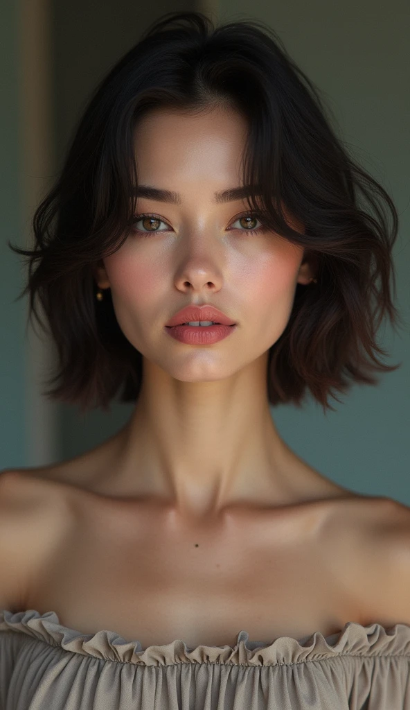 30, Female, Hyper Real European Beauty
Hairstyle Short
Mysterious atmosphere
Charming smile, lipstick pink, eyelash emphasis
Natural Makeup
Off-the-shoulder top Solid color Blurred background