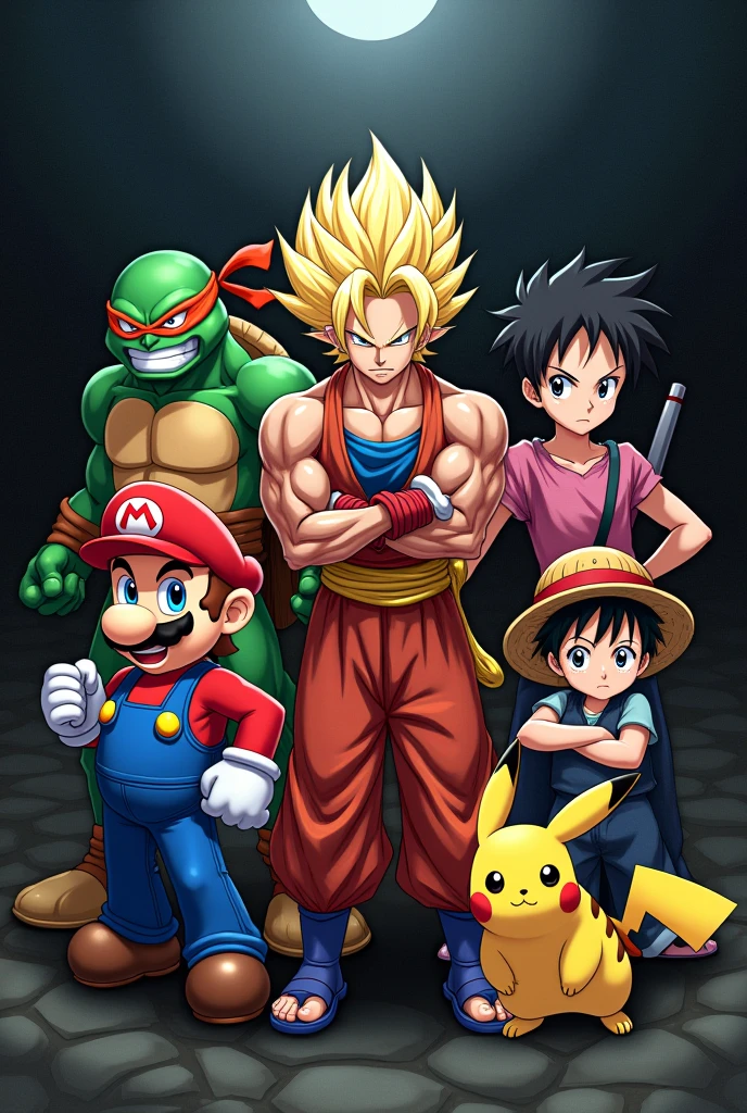 Super Mario, ein Super Sajajin, Raffael from the Ninja Turtles, monkey D.Ruffy, pikachu, Gon also in a group photo with a dark background