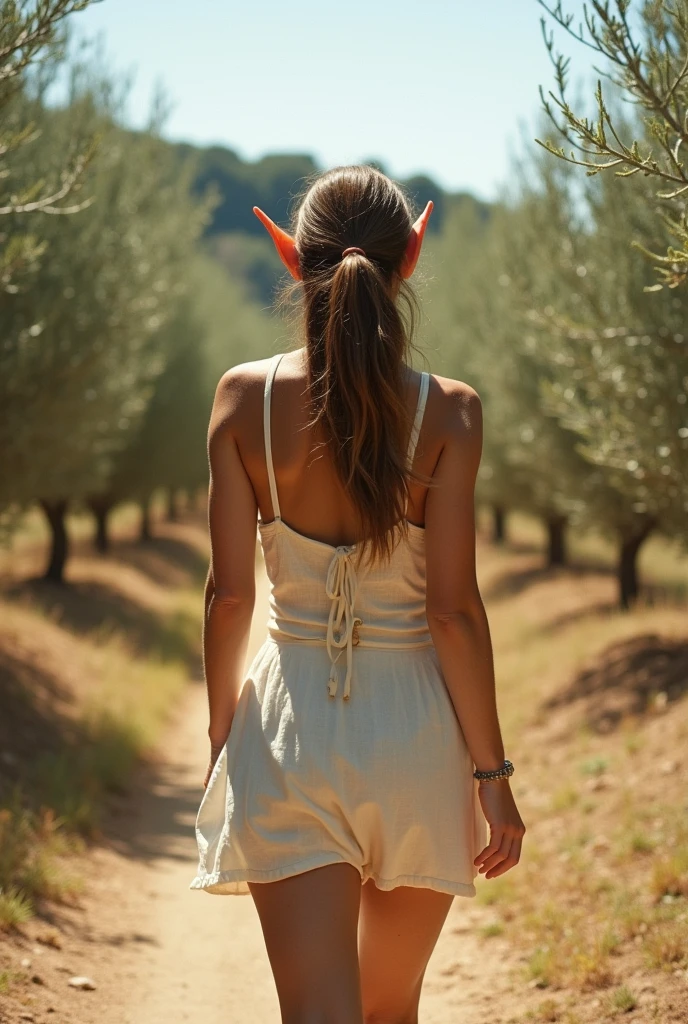 analog film photo, photo of an elven girl, elf ears, sun-tanned complexion, tall stature, athletic, voluptuous hourglass figure, full hips, plump round buttocks, wearing a linen mini-dress, strolling through a sunny Mediterranean olive grove, resembles 
Ana De Armas, RAW Photograph, dslr, soft lighting, high quality, film grain, Fujifilm XT3, detailed skin with visible pores, insane details, masterpiece, 8k, 35mm photograph, dslr, kodachrome, faded film, desaturated, grainy, vintage, Lomography, stained, highly detailed, found footage, close-up shot, elven ears