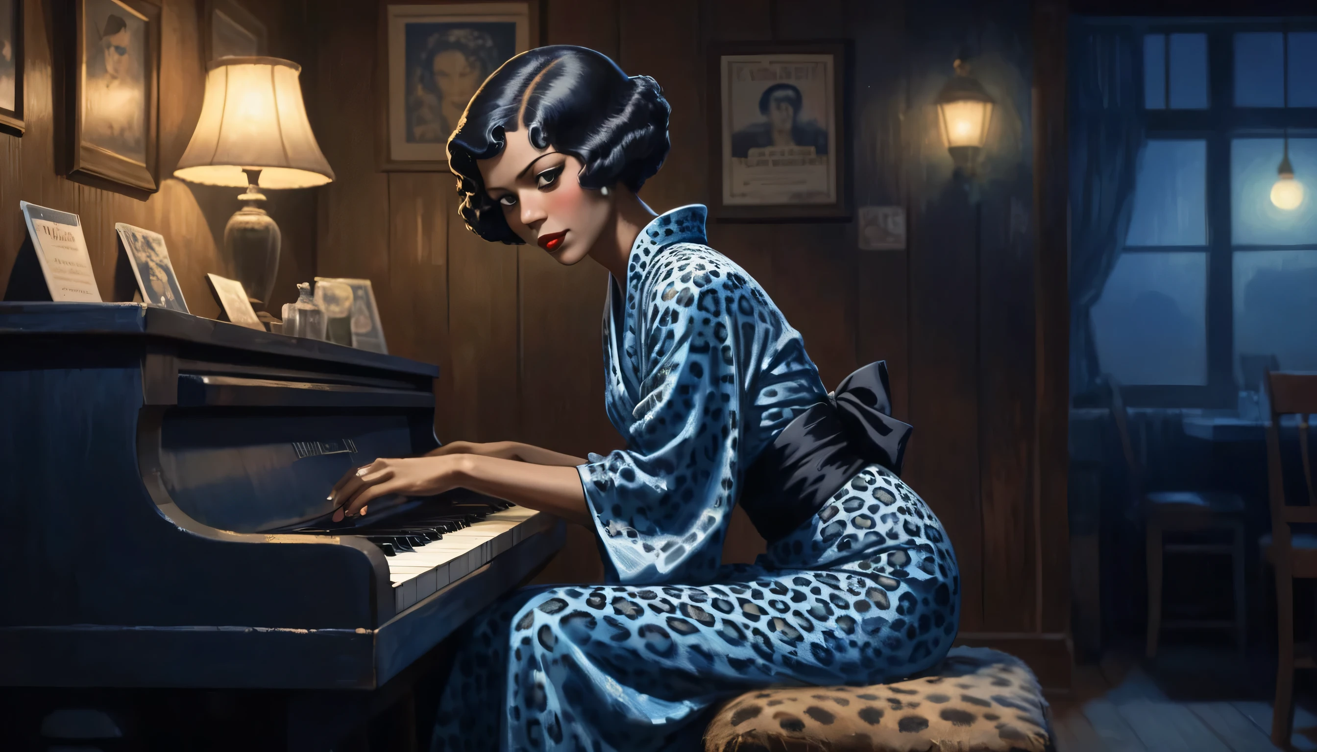 Robert Johnson, Grainy, Alabama Bar, Blue, charisma , Leopard Skin Dress, figure, Black Fantasy, woman, sad ending, Pianist: A very beautiful woman in a kimono playing bluesy piano in a dingy blues bar in the American South in the 1930s. American Bar Blues A dimly lit and lively bar