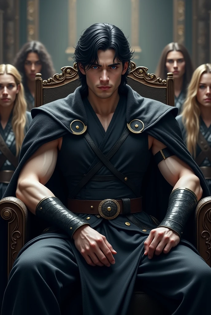 a young king 30 age black hair very white skin deep ocean blue eye sitting on throne, wearing a straight black wristband and black warrior outfit without crown but hes oufit have do dot needles. behind of king 3 guys standing. 1 guy blonde 2 guy brunette. king smiles sarcastically looks intelligence. background is royal palace but looks dark and stifling. realistic like medieval They are far away and slightly above king is muclar and looks like warrior king have pretty white skin and looks like musclar big shoulders but his dress covers him whole body
