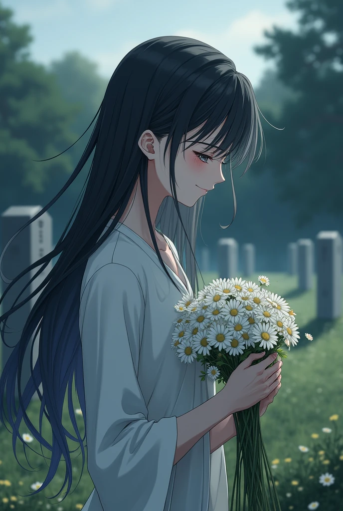 Guy long black hair, stands near the grave, there is a sad smile on the face, three daisies in hands, grey eyes, Beautiful skinny body, Beautiful face, anime art, masterpiece, realistically
