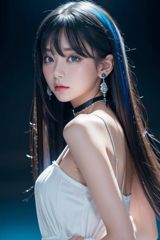 8k wallpaper, masterpiece, Cinema Lighting, Highest quality, figure, Elevation, ((color: 1.1)), ((color inner hair: 1.4)), One person, alone, Long silver hair, water, blue eyes, choker, Lips parted, 黒のchoker, Liquid Hair, Black Hair, bangs, from ~ side, ~ side, Upper Body, Simple Background, 灰colorの背景, Exposing shoulders, Portraiture, Looking at the audience, White Dress, Hair between the eyes, 白colorの背景, Earrings,
