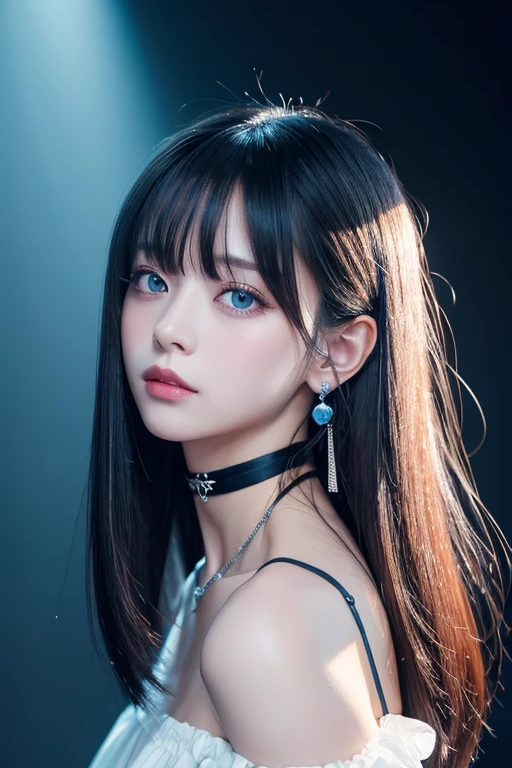 8k wallpaper, masterpiece, Cinema Lighting, Highest quality, figure, Elevation, ((color: 1.1)), ((color inner hair: 1.4)), One person, alone, Long silver hair, water, blue eyes, choker, Lips parted, 黒のchoker, Liquid Hair, Black Hair, bangs, from ~ side, ~ side, Upper Body, Simple Background, 灰colorの背景, Exposing shoulders, Portraiture, Looking at the audience, White Dress, Hair between the eyes, 白colorの背景, Earrings,