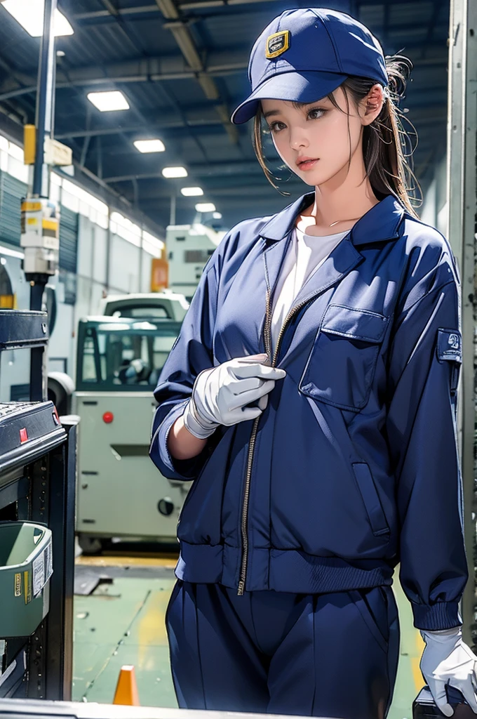 Long Shot, avert your eyes, High definition、in the factory、、Very slim、Very thin thighs、Girl worker、Working at the machine、Have the tools、Embarrassed laugh、Heavy work jacket and trousers（Any color）、He is wearing a navy blue sports cap.、gloves、Protective goggles are covering the eyes、Sweating all over the body、The outerwear is open at the chest、T-shirts of any color, Wet with sweat、Thin underwear is see-through、