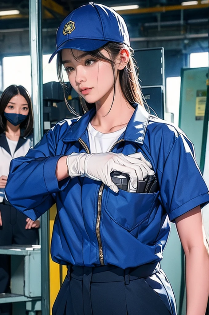 Long Shot, avert your eyes, High definition、in the factory、、Very slim、Very thin thighs、Girl worker、Working at the machine、Have the tools、Embarrassed laugh、Heavy work jacket and trousers(Any color)、He is wearing a navy blue sports cap.、gloves、Protective goggles are covering the eyes、Sweating all over the body、The outerwear is open at the chest、T-shirts of any color, Wet with sweat、Thin underwear is see-through、
