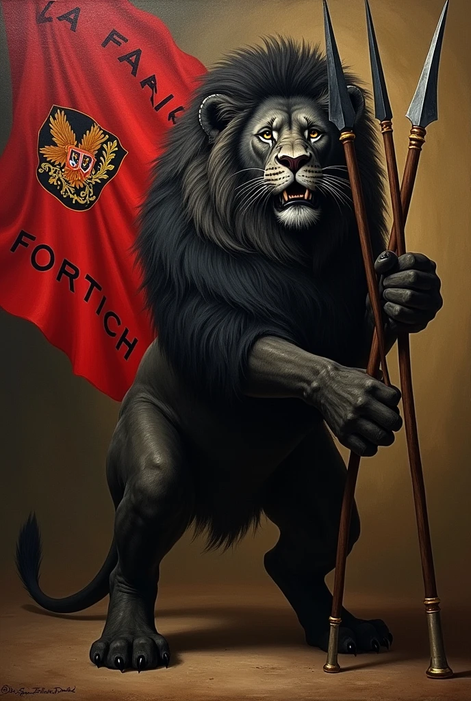 CREATE A PAINTING LIKE Renaissance. ANGRY BLACK LION HOLDING SPEARS WITH BLACK RED FLAG. TEXT : LA FAMILIA FORTICH. AND DETAILED IMAGE.