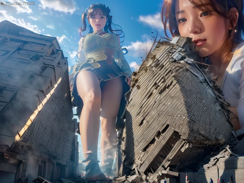 (((giant girls raw photo art))), (((Highest quality, Ultra-high resolution, Realistic, RAW Photos, 8k))), (((Real photograph: 1.5))), (((Japanese giantess, 20yo))), ((Semi-long hair, Pink Hair)), (((Big Breasts,H-cup))), (((非常に詳細なGiantショット, Giant, A giant woman who surpasses skyscrapers, そびえ立つGiantの少女, 50,000 feet high, Looking up at the approaching woman from below, Giantが街を襲う, Destroy a small town淫乱な女性, Destroy a small town))), ((Mischievous look, White shirt, Check skirt, Glowing Skin)), (((Giant女, Trampling, buildings, rubble. Burning Small Town, Destroyed small building, Collapsed roads, Cars are crushed, Residents evacuated, Burning Small Town, go ahead, walk, Trampling))), ((Anatomically correct, Accurate human body, Accurate skeleton, Full body portrait)), (((足元に散らばるrubble, Much taller than a skyscraper, Big impact, amazing, Giantess Elements, Draw a woman in a big way, Increase the destructive element, Making cities smaller))), (((Extremely detailed depiction, 一人のJapanese giantess, clone girls))), ((((multiple girls)))), (((Japanese giantess, Very detailed, perfect identical faces, Perfect identical height, Perfect matching outfit, Perfect matching hairstyle, Perfect same H-cup)))