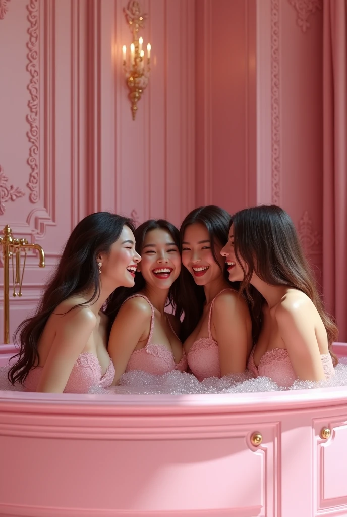 (photorealism:1.2), 4 beautiful young harem girls, sexy nude, big breasts, Pretty perfect faces like kendall jenner and young Jennifer Connelly and young Brooke Shields, straight hair, laughing playfully with me, in pink Jacuzzi in pink luxurious bathroom of pink palace, realistic, intricate details